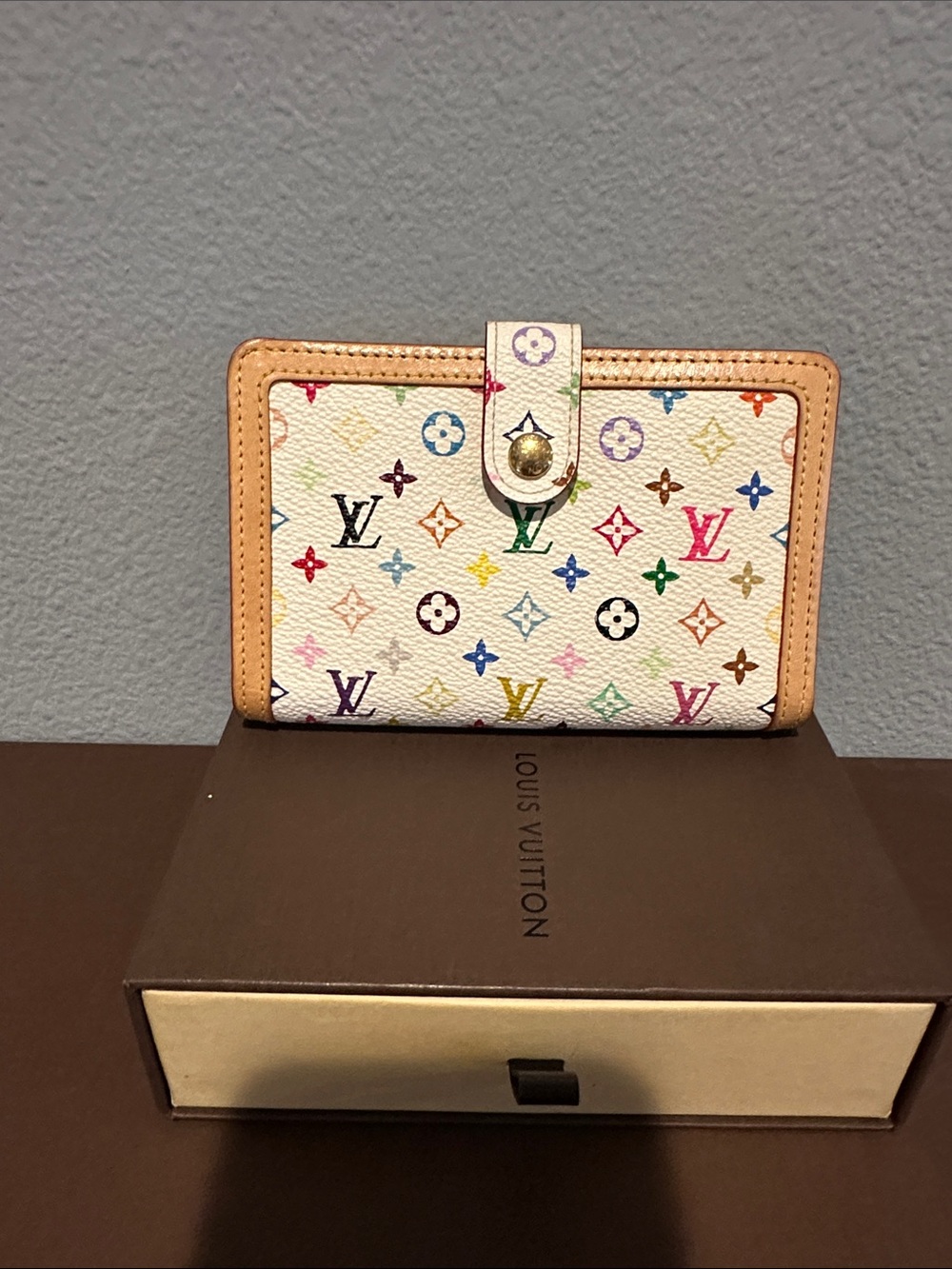 Louis Vuitton White Multicolor Monogram Compact Wallet with Tan Trim